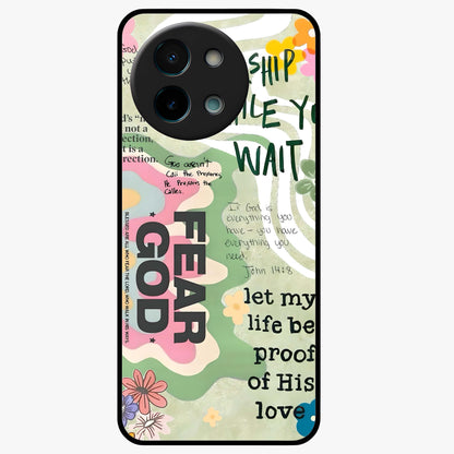 Faith Over Fear Glass Case showing flat back view with motivational typography artwork and glossy glass finish.