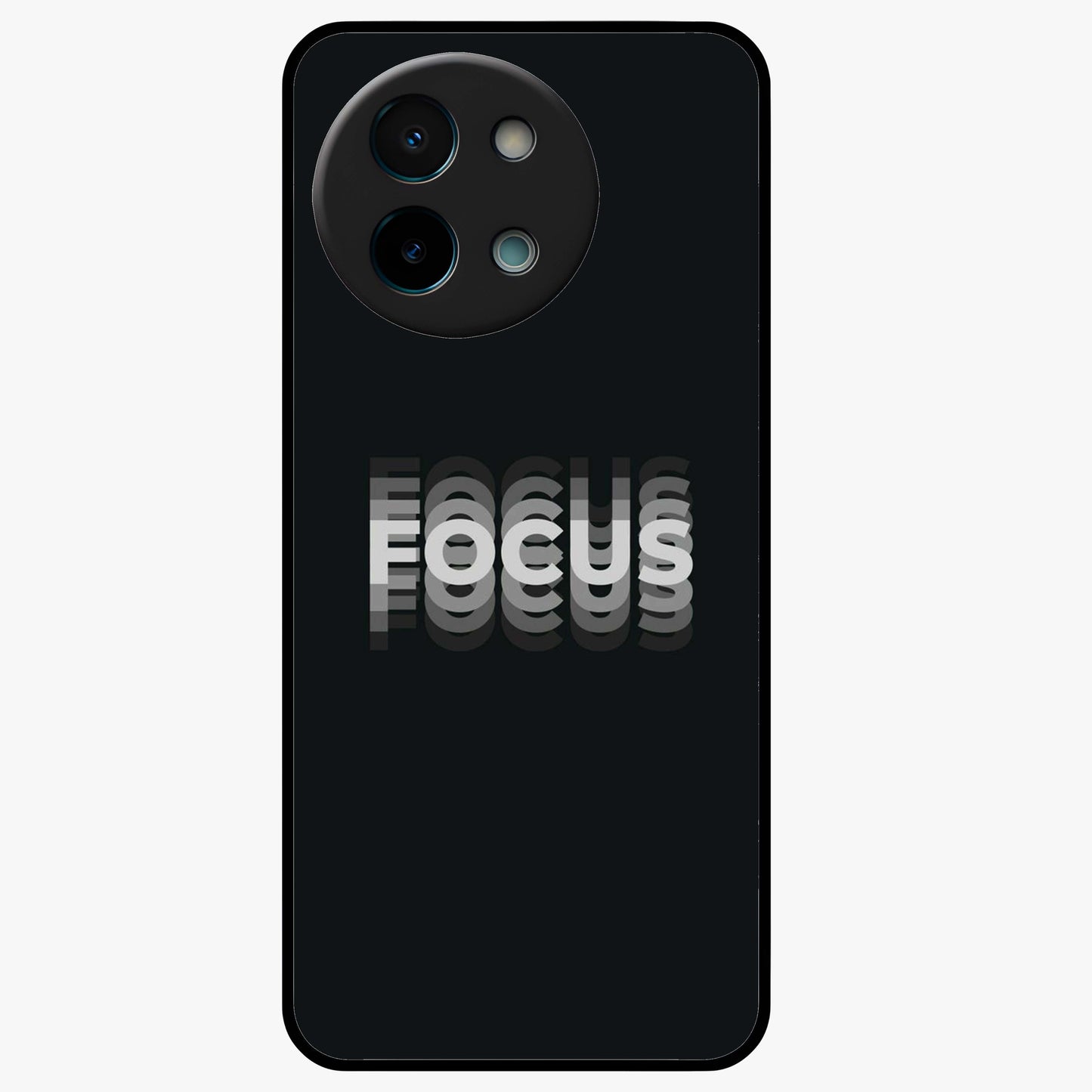 Focus Mode On Glass Case showing flat back view with bold motivational typography design and glossy glass finish.