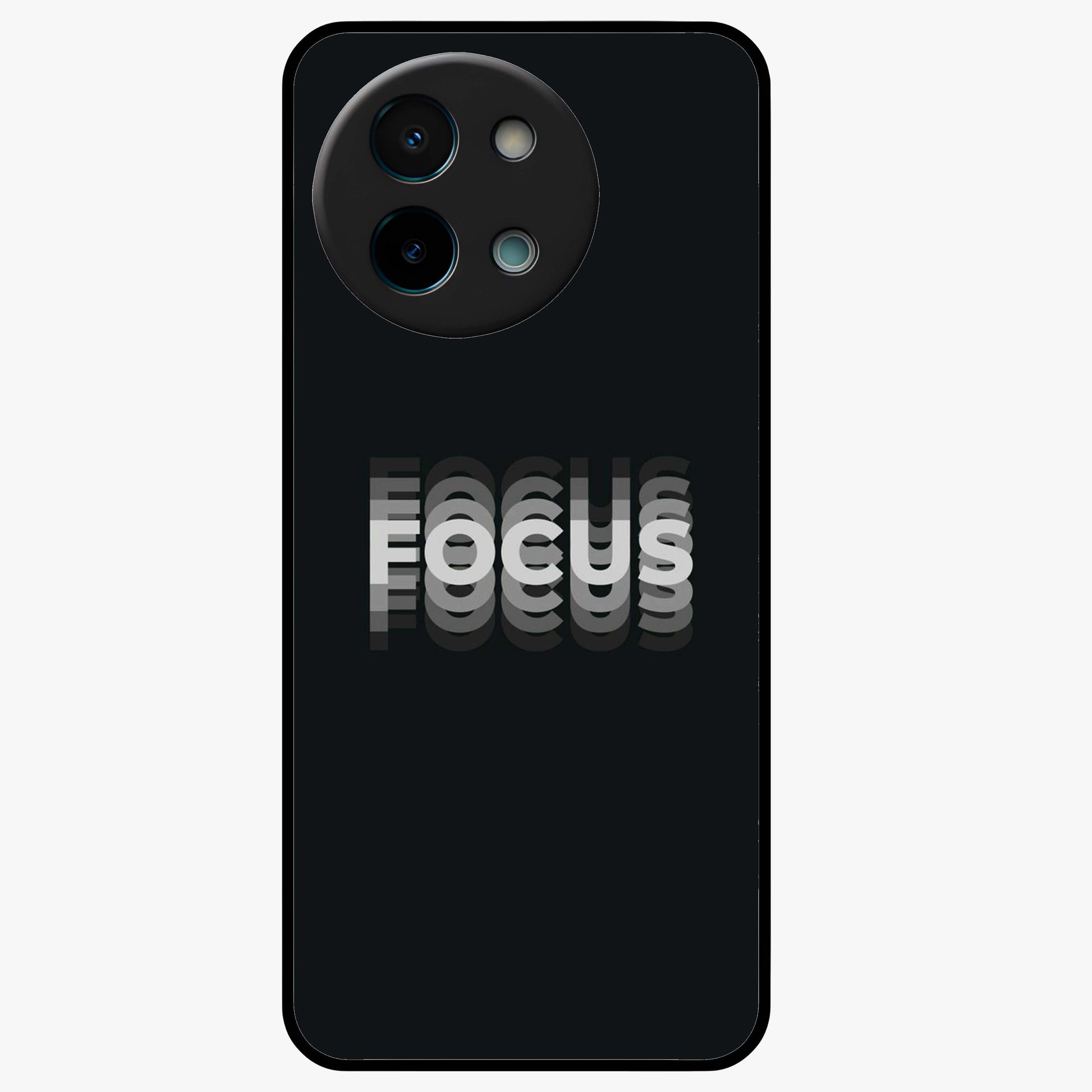Focus Mode On Glass Case showing flat back view with bold motivational typography design and glossy glass finish.