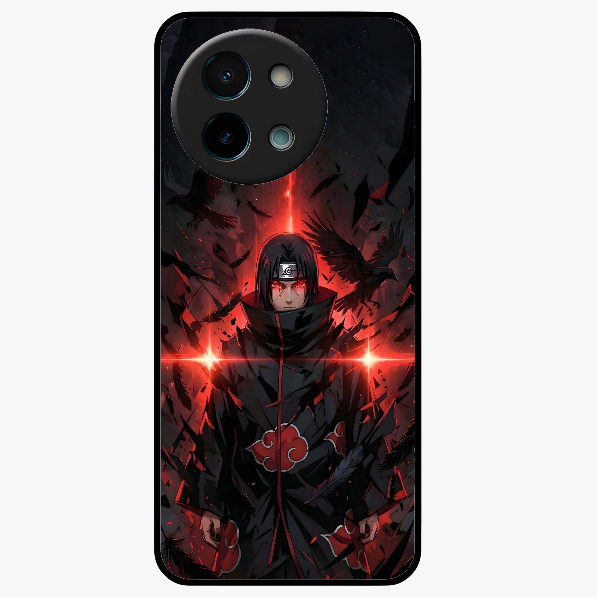Focused Blade Discipline Glass Case showing flat back view with warrior sword themed artwork and glossy glass finish.