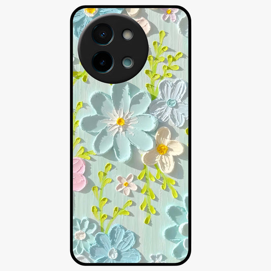 Frosted Petal Garden Glass Case showing flat back view with soft frosted floral artwork and glossy glass finish.