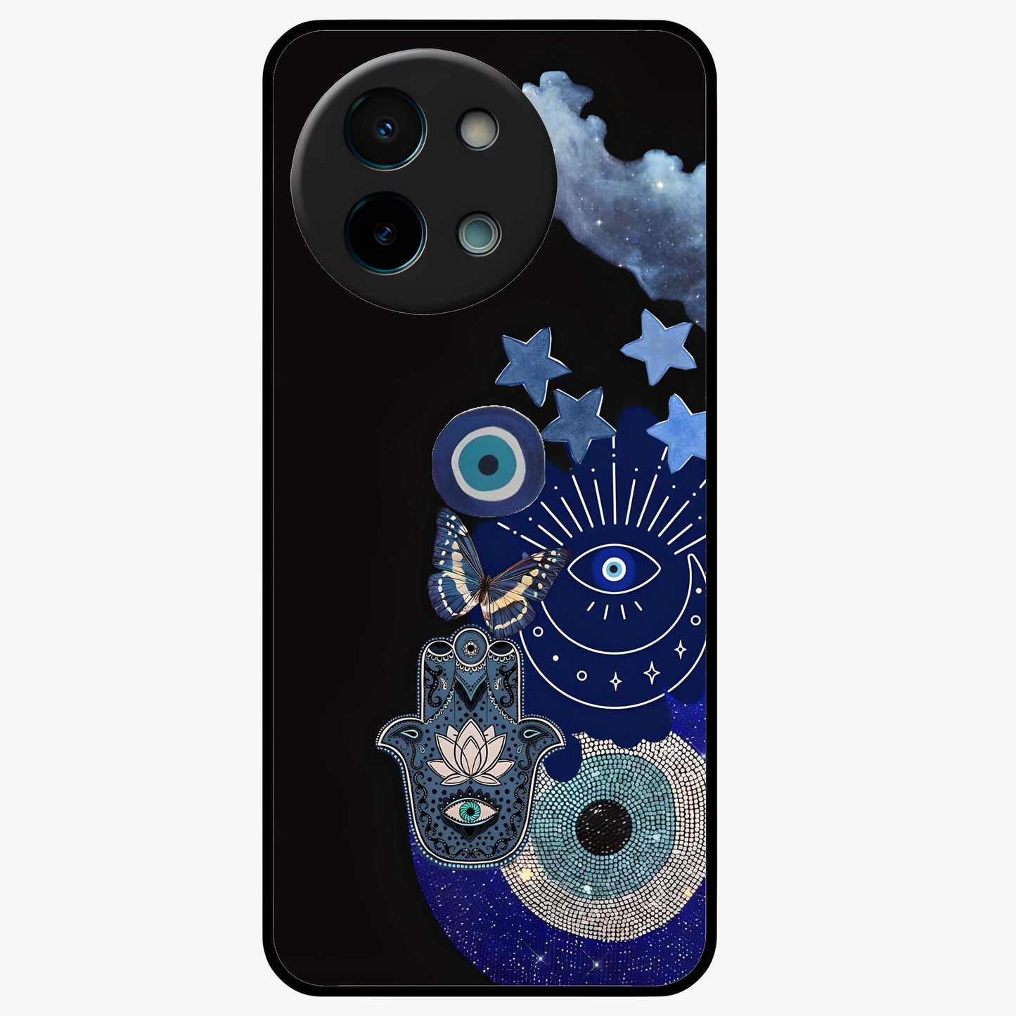Galactic Charm Cluster Glass Case showing flat back view with glowing celestial charm artwork and glossy glass finish.