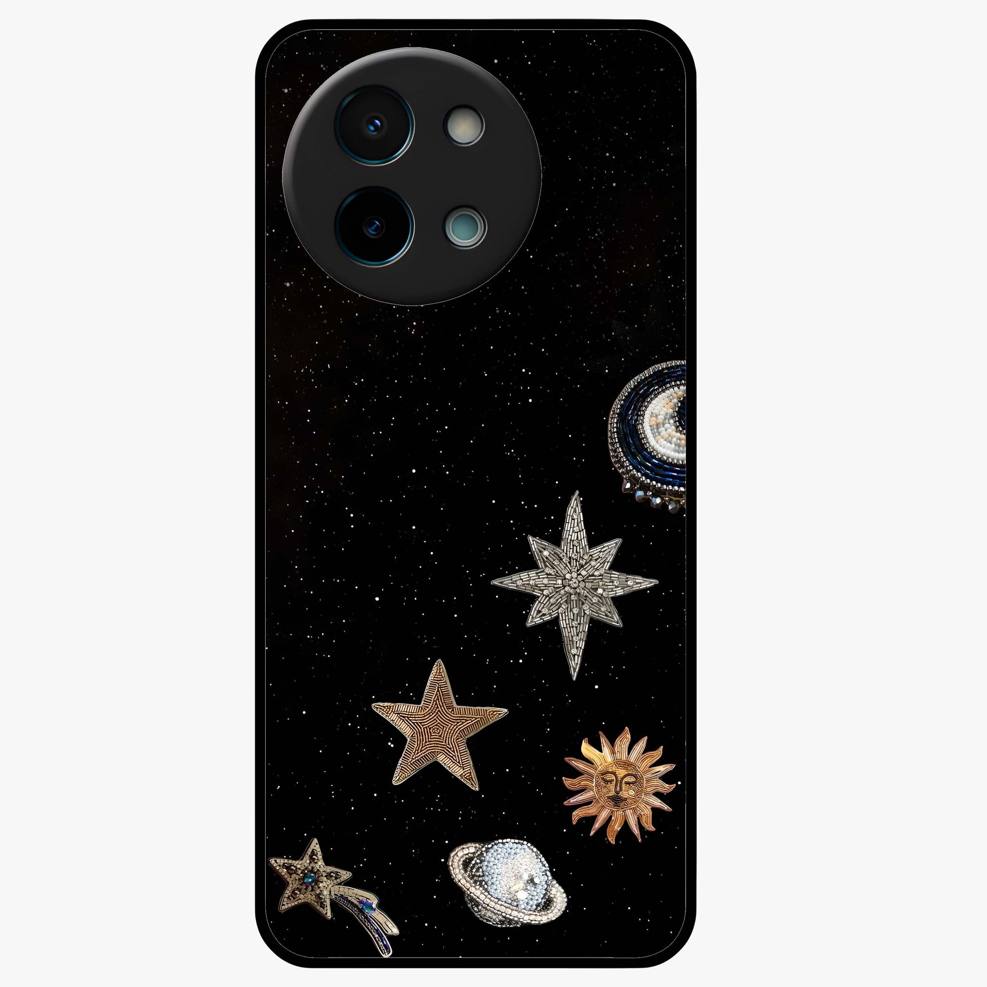 Galactic Charm Glow Glass Case showing flat back view with glowing celestial charm artwork and glossy glass finish.