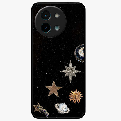 Galactic Charm Glow Glass Case showing flat back view with glowing celestial charm artwork and glossy glass finish.