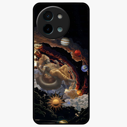 Galactic Divine God Glass Case showing flat back view with divine cosmic themed artwork and glossy glass finish.