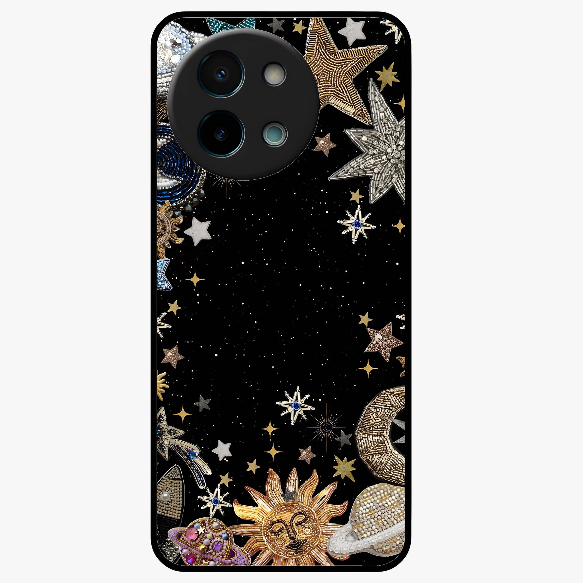 Galactic Jewel Stars Glass Case showing flat back view with sparkling star jewel artwork and glossy glass finish.