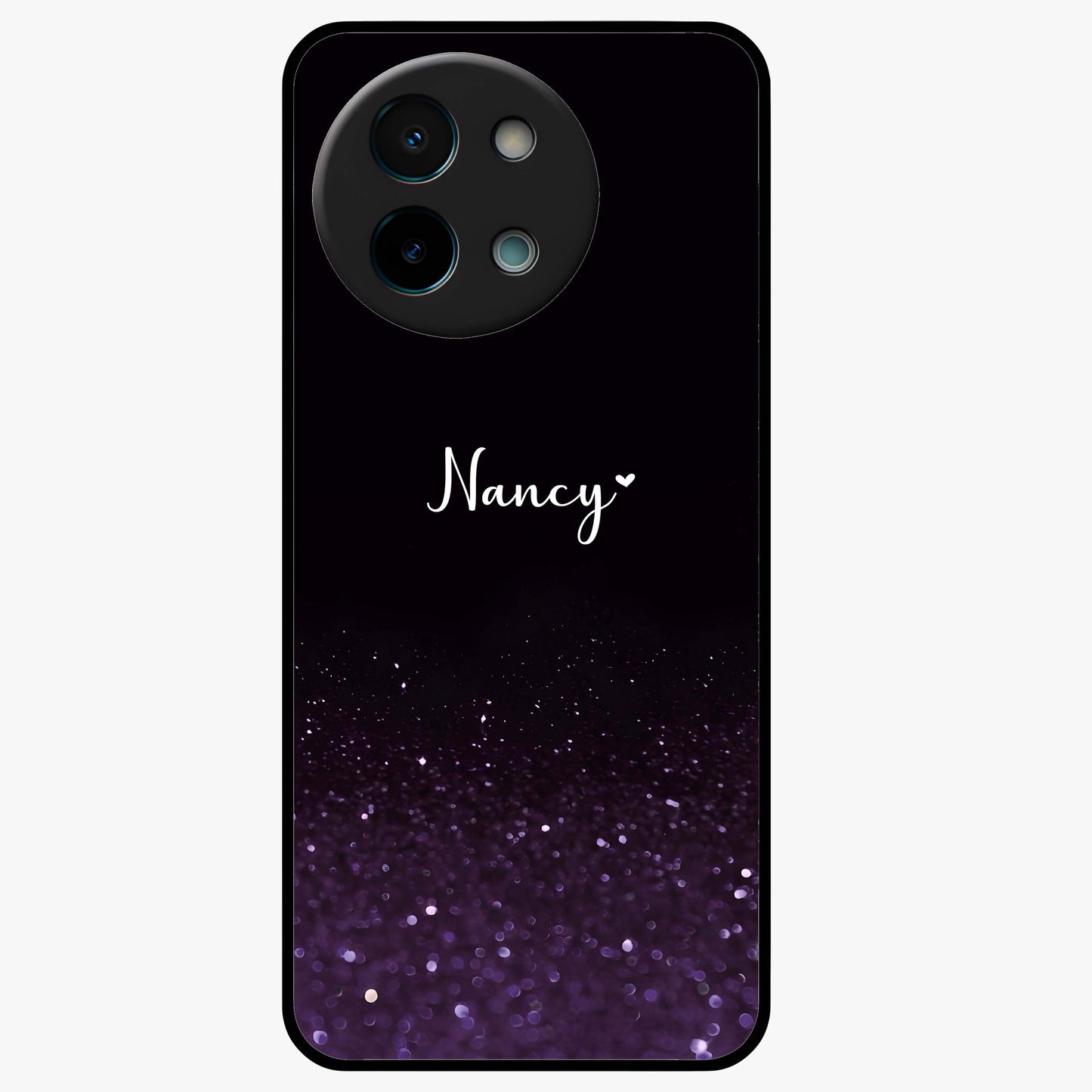 Glittery Purple Bokeh Custom Name Glass Case showing flat back view with purple bokeh sparkle artwork and personalized name design.