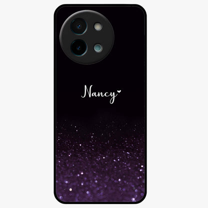 Glittery Purple Bokeh Custom Name Glass Case showing flat back view with purple bokeh sparkle artwork and personalized name design.