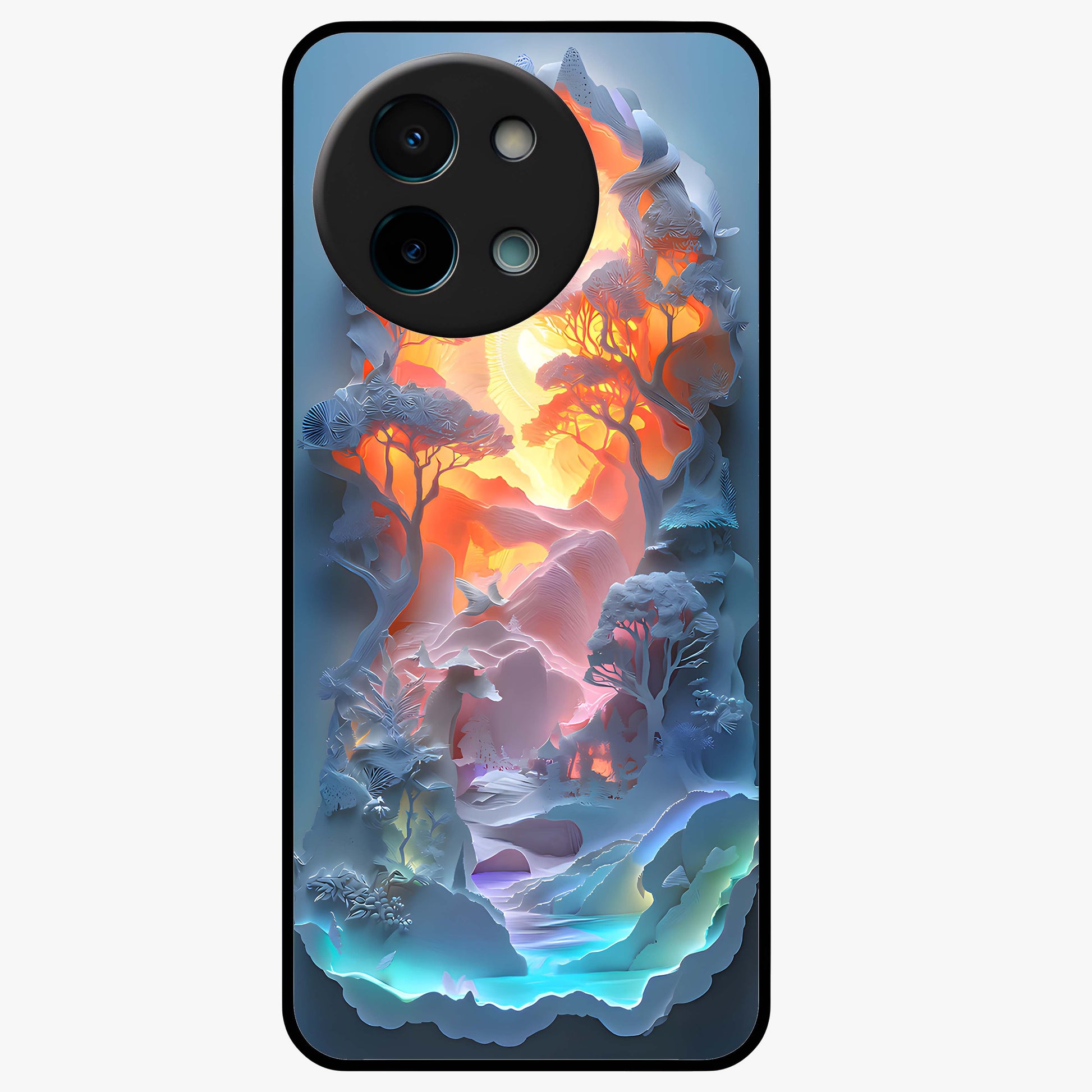Glow Forest Portal Glass Case showing flat back view with glowing forest portal artwork and glossy glass finish.