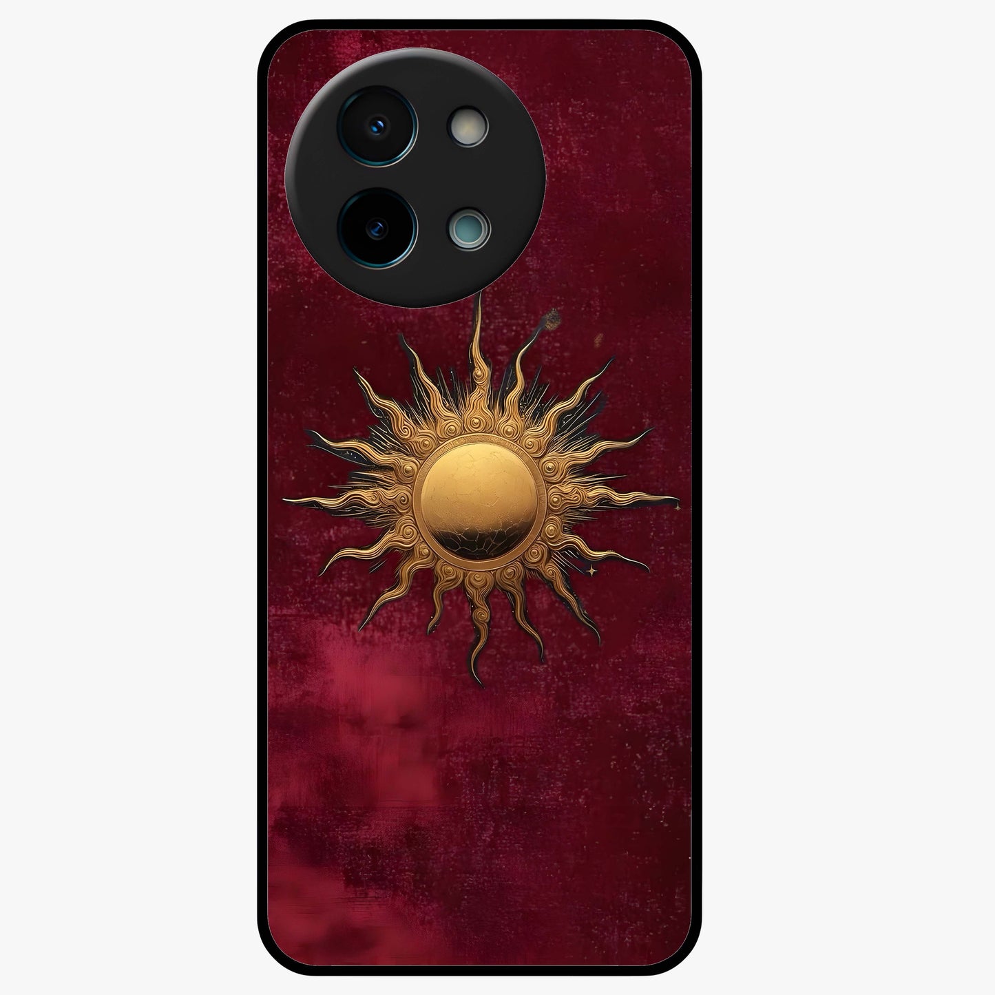 Gold Sun Blush Glass Case showing flat back view with golden sun inspired artwork and glossy glass finish.