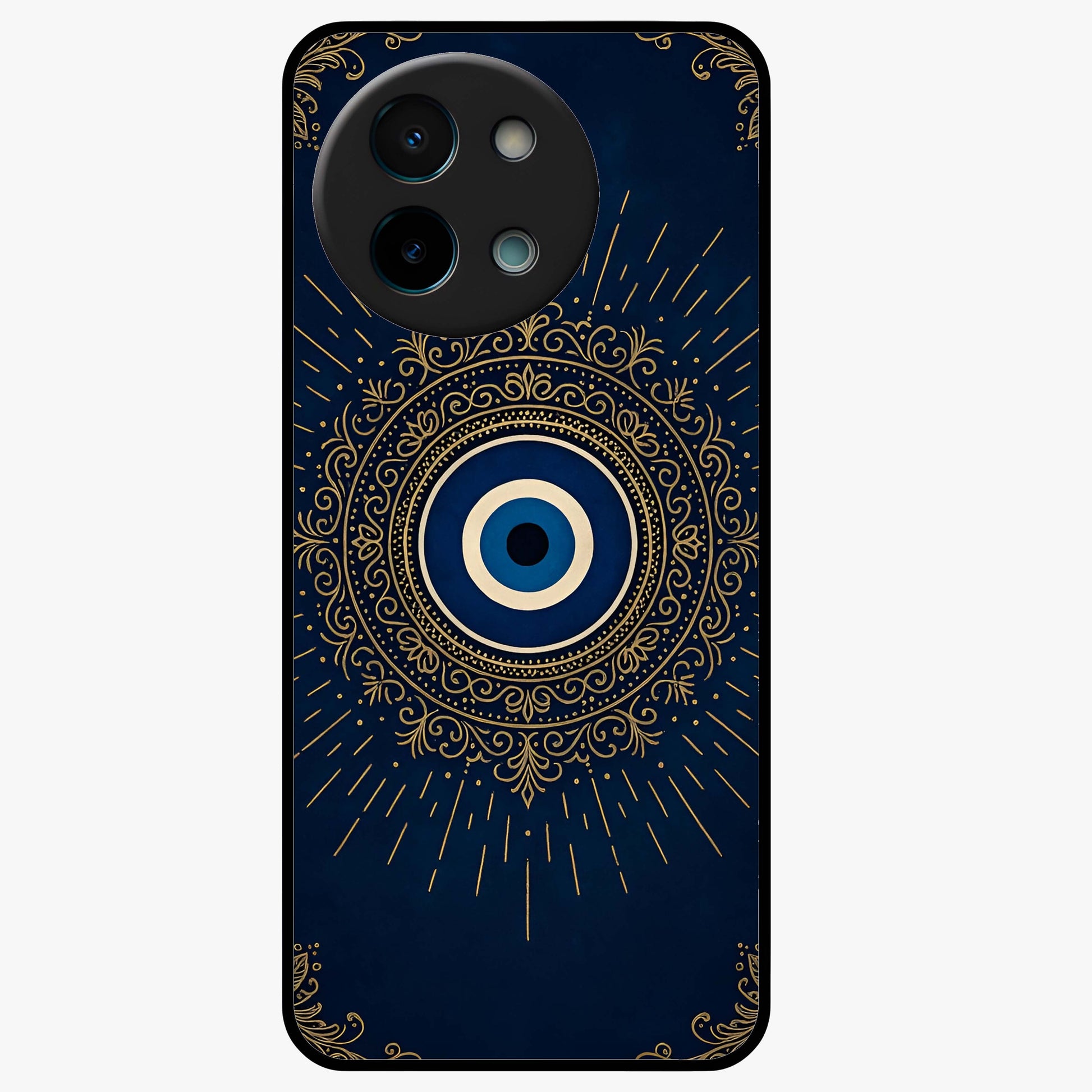 Golden Evil Eye Mandala Glass Case showing flat back view with intricate evil eye mandala artwork and glossy glass finish.