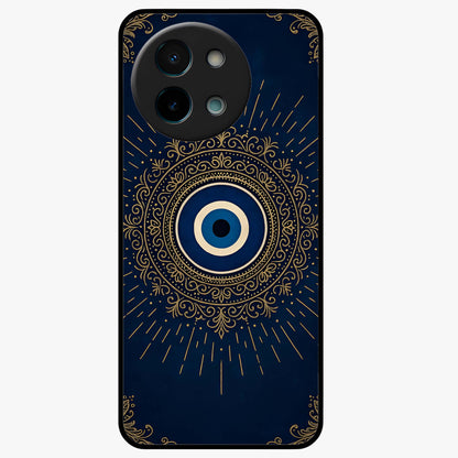 Golden Evil Eye Mandala Glass Case showing flat back view with intricate evil eye mandala artwork and glossy glass finish.