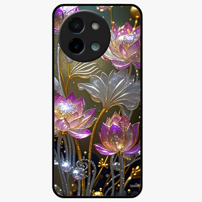 Golden Lotus Glow Glass Case showing flat back view with glowing lotus flower artwork and glossy glass finish.