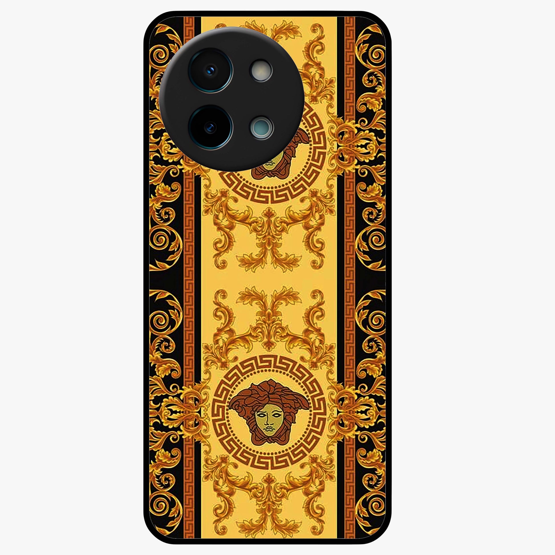 Golden Royal Heritage Glass Case showing flat back view with ornate royal pattern artwork and glossy glass finish.