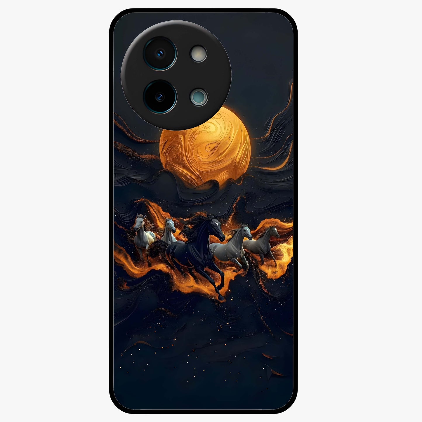 Golden Stallion Moonride Glass Case showing flat back view with majestic horse under moonlight artwork and glossy glass finish.
