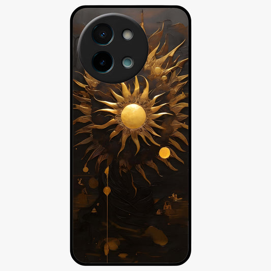 Golden Sun Majesty Glass Case showing flat back view with radiant golden sun artwork and glossy glass finish.