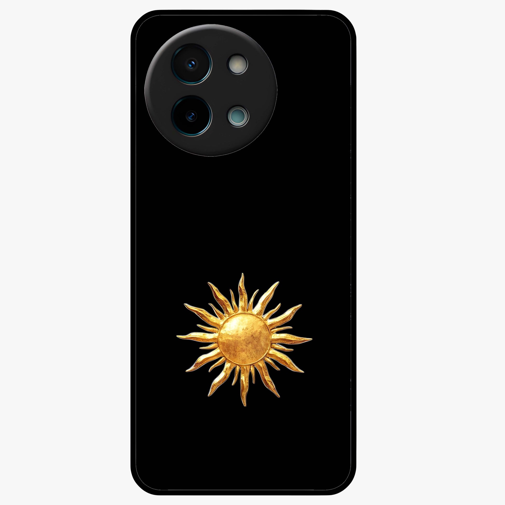 Golden Sun Minimalism Glass Case showing flat back view with minimal golden sun artwork and glossy glass finish.