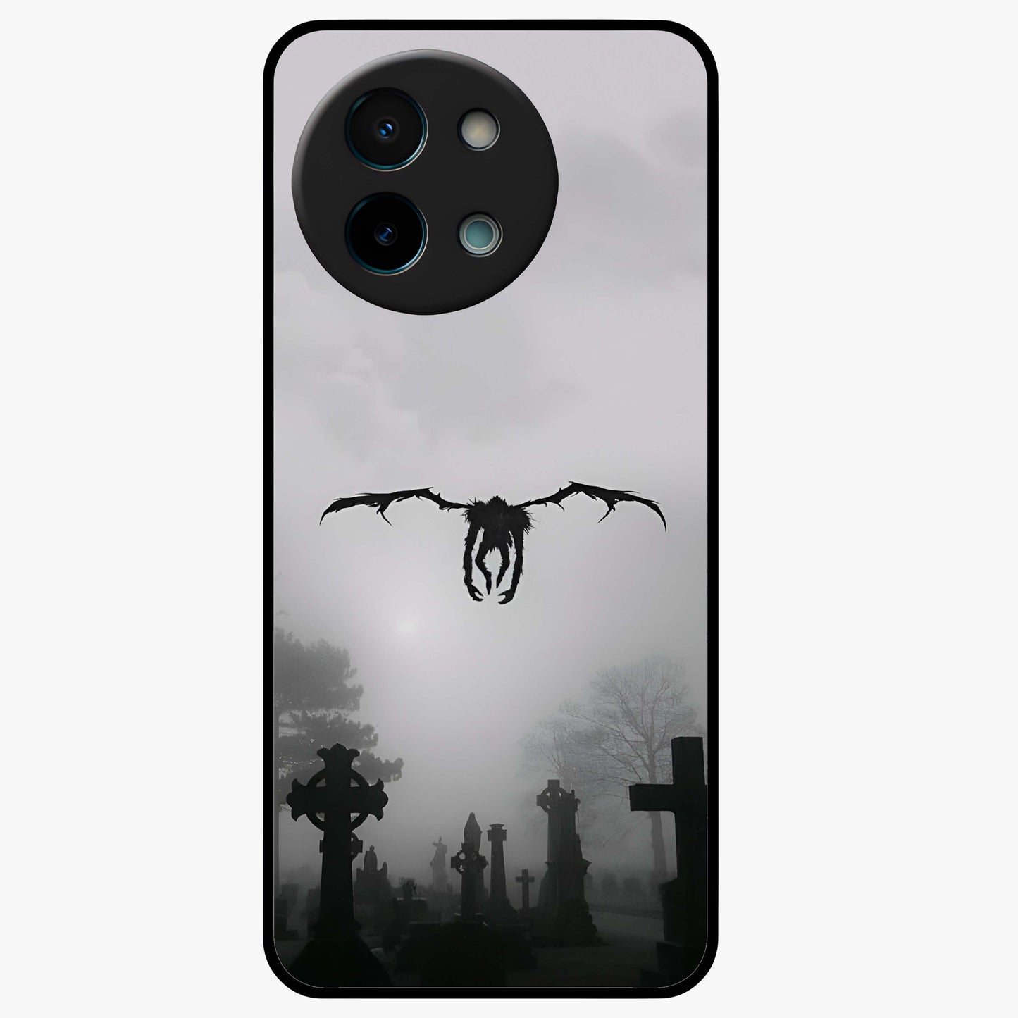 Graveyard Shadow Descent Glass Case showing flat back view with dark graveyard themed artwork and glossy glass finish.