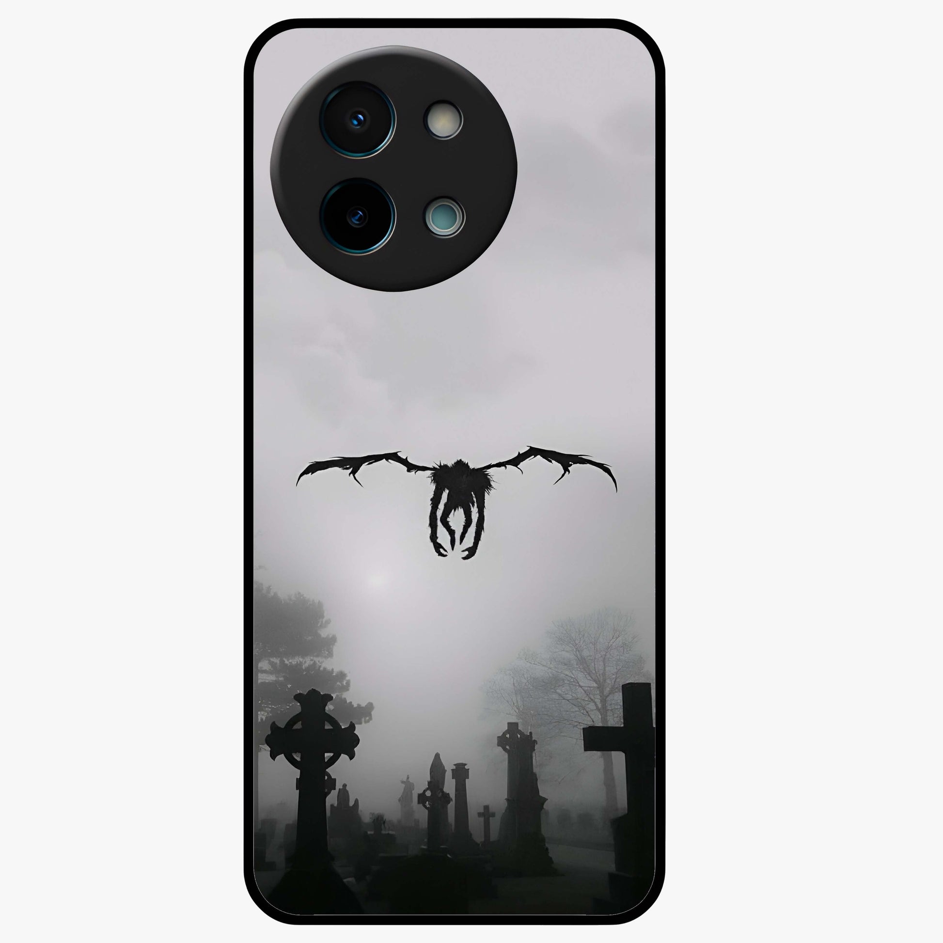 Graveyard Shadow Descent Glass Case showing flat back view with dark graveyard themed artwork and glossy glass finish.
