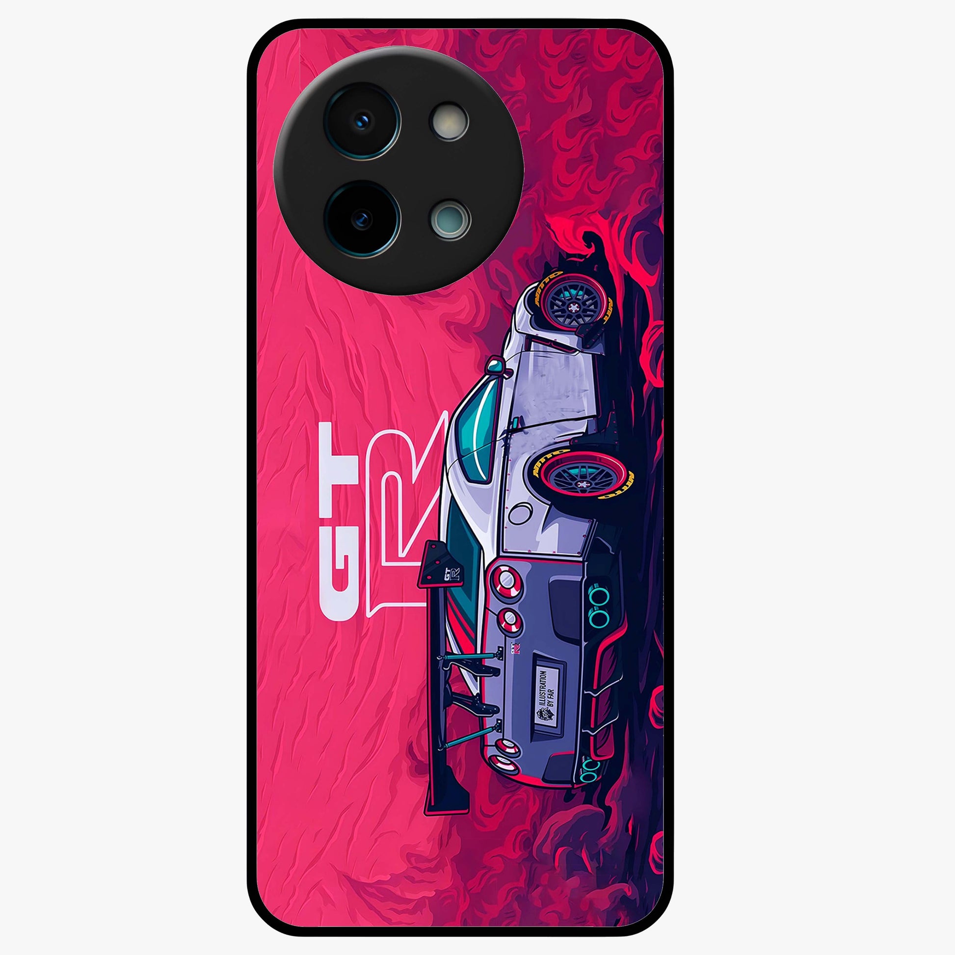 GT-R Car Pattern Glass Case showing flat back view with sporty car inspired pattern artwork and glossy glass finish.