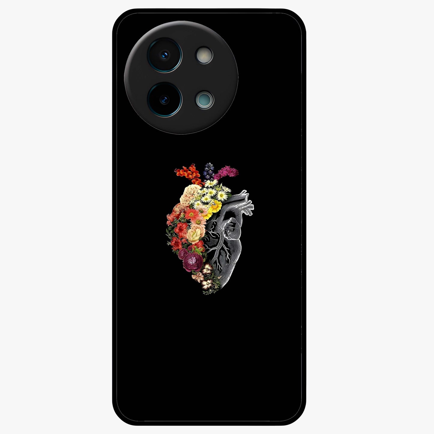 Heart With Flowers Glass Case showing flat back view with heart shaped floral artwork and glossy glass finish.