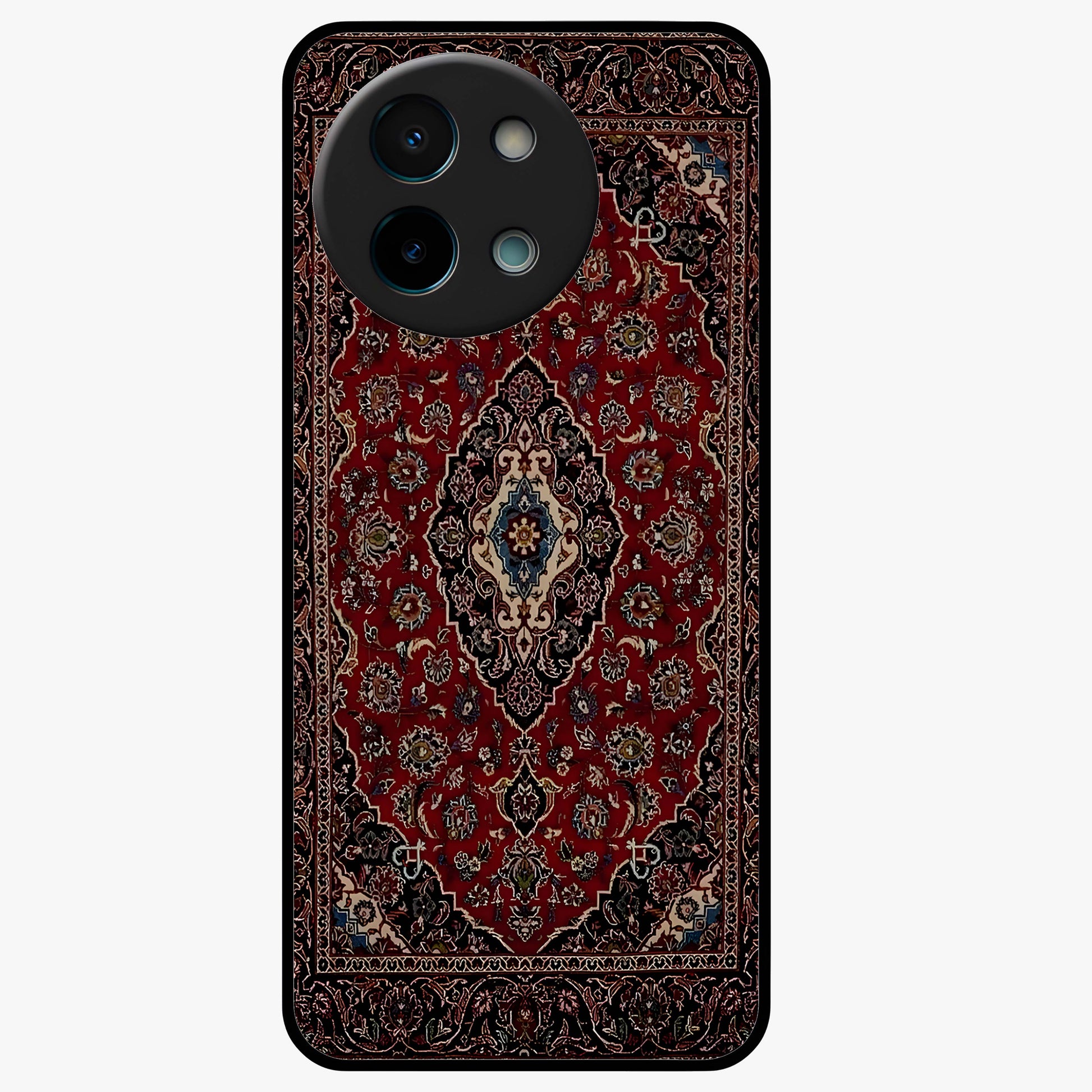 Heritage Carpet Royale Glass Case showing flat back view with ornate Persian carpet inspired pattern and glossy glass finish.