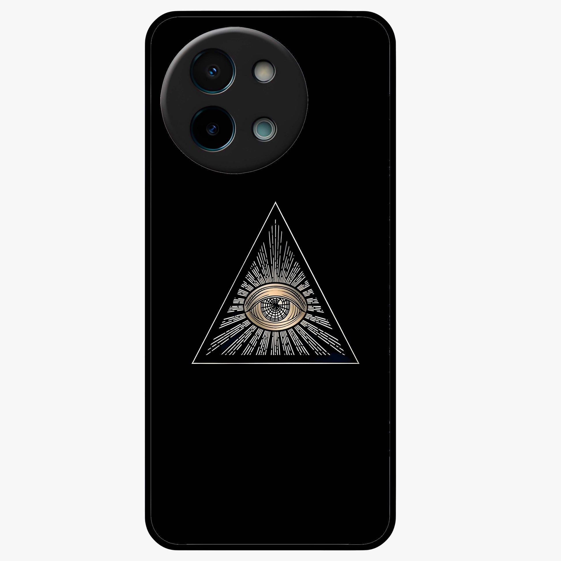 Illuminati Evil Glass Case showing flat back view with mysterious illuminati symbol artwork and glossy glass finish.