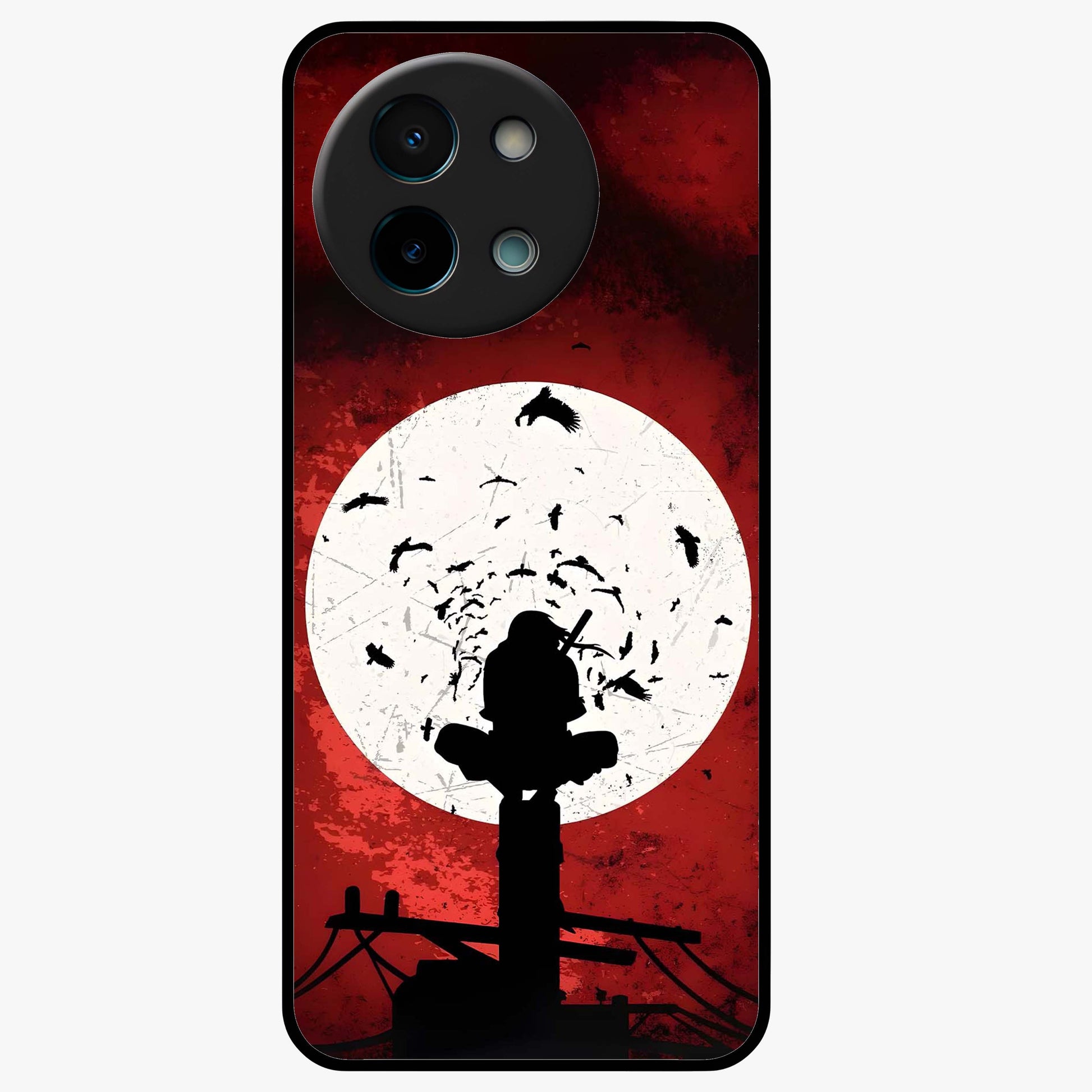 Itachi Sharingan Glass Case showing flat back view with powerful anime eye artwork and glossy glass finish.