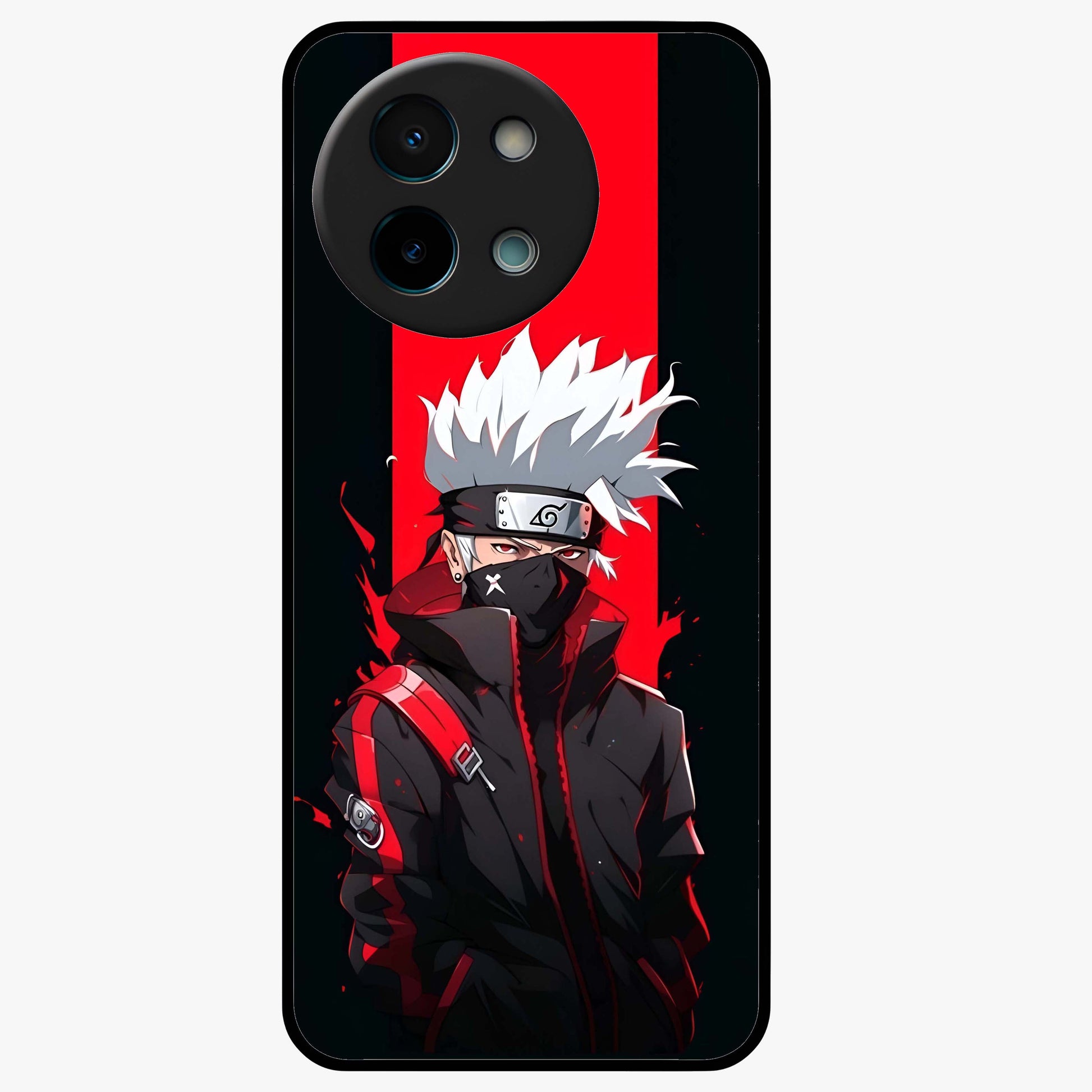 Kakashi Scarlet Shadow Glass Case showing flat back view with powerful anime ninja artwork and glossy glass finish.