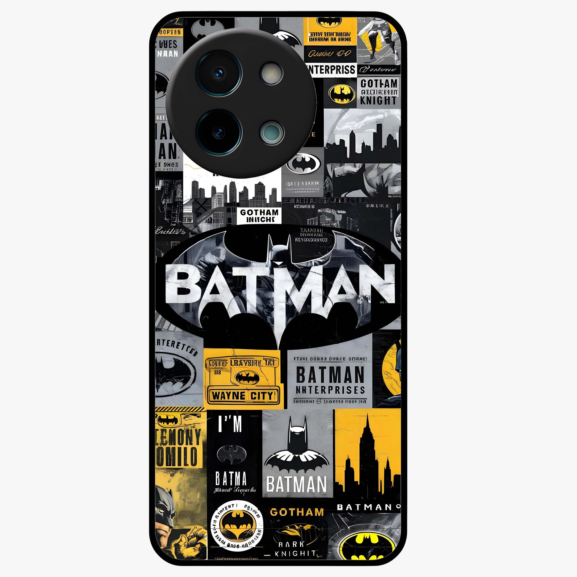 Knight Gotham Rise Glass Case showing flat back view with dark hero inspired artwork and glossy glass finish.