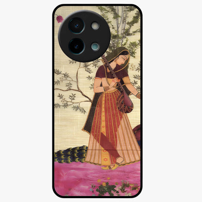Lady With Veena Art Glass Case showing flat back view with elegant woman playing veena artwork and glossy glass finish.