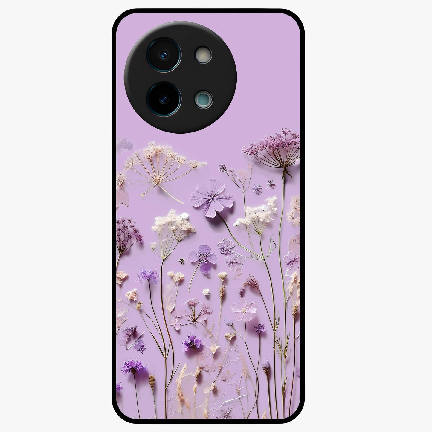 Lavender Blossom Dream Glass Case showing flat back view with soft lavender floral artwork and glossy glass finish.