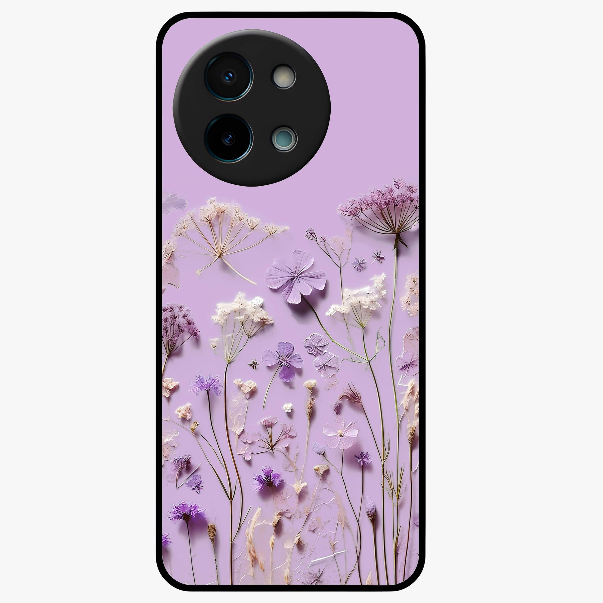 Lavender Blossom Dream Glass Case showing flat back view with soft lavender floral artwork and glossy glass finish.