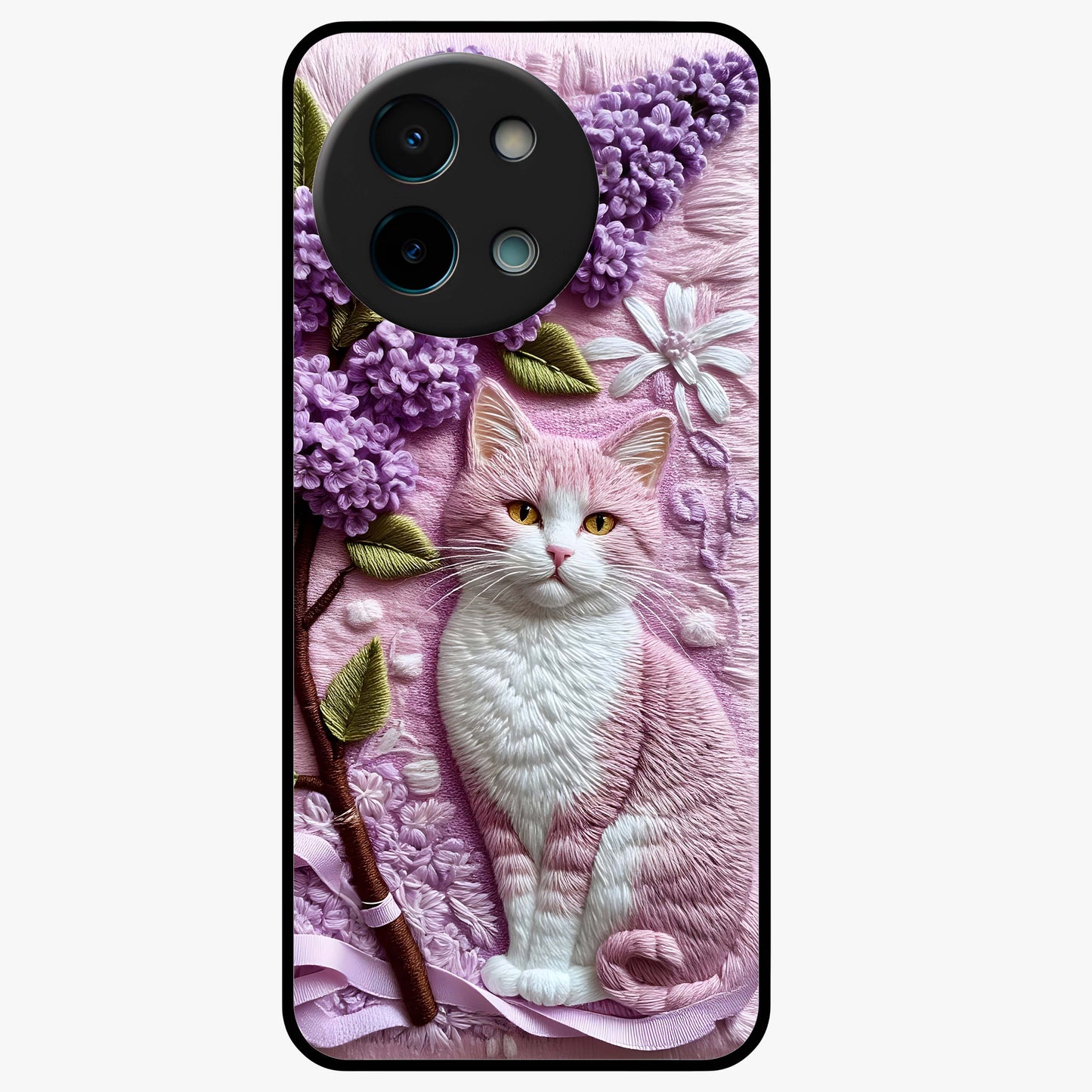 Lavender Cat Whimsy Glass Case showing flat back view with cute lavender cat artwork and glossy glass finish.