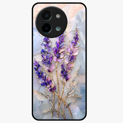 Lavender Dream Glow Glass Case showing flat back view with glowing lavender aesthetic artwork and glossy glass finish.