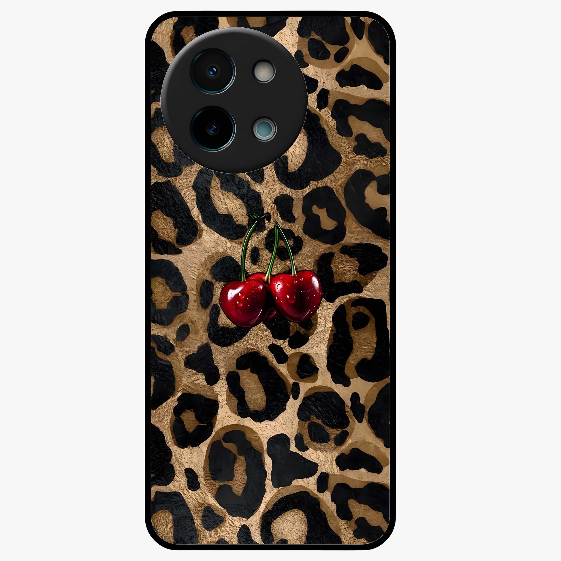Leopard Wild Cherry Glass Case showing flat back view with leopard pattern and cherry artwork and glossy glass finish.