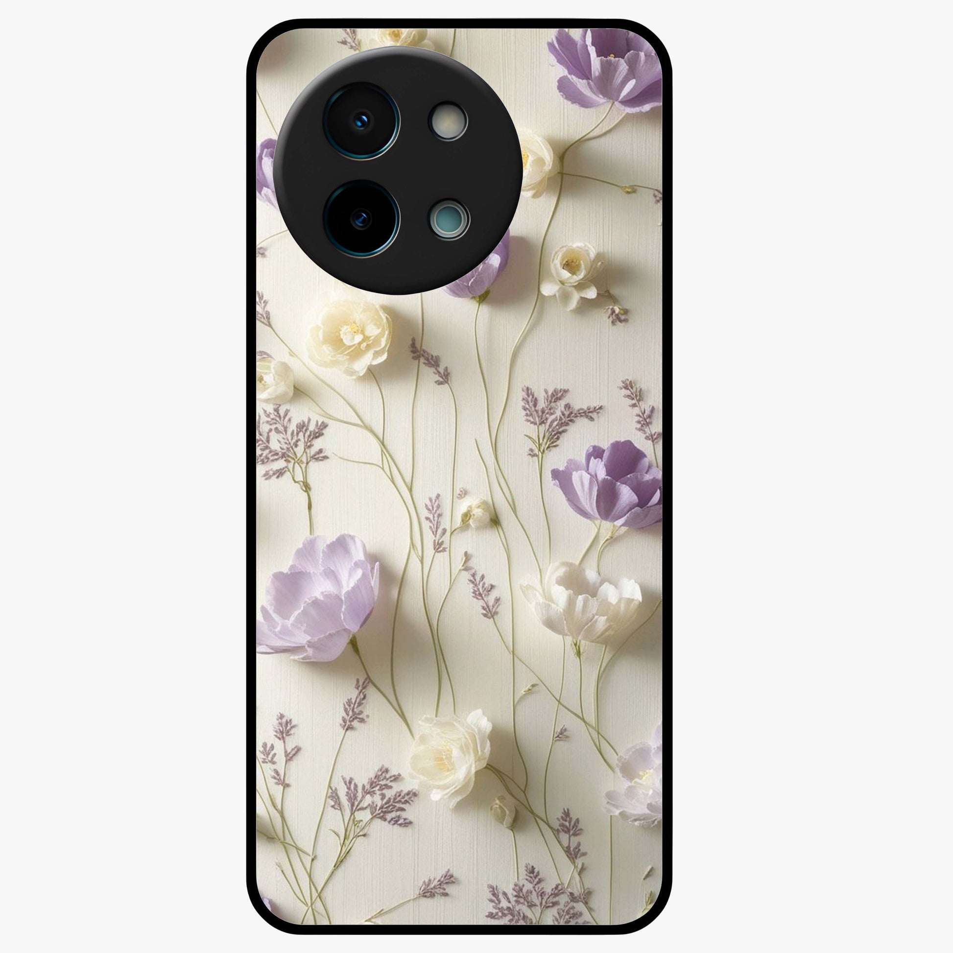 Lilac Breeze Harmony Glass Case showing flat back view with soft lilac themed artwork and glossy glass finish.