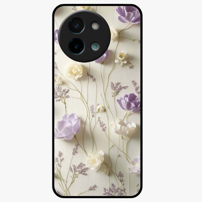 Lilac Breeze Harmony Glass Case showing flat back view with soft lilac themed artwork and glossy glass finish.
