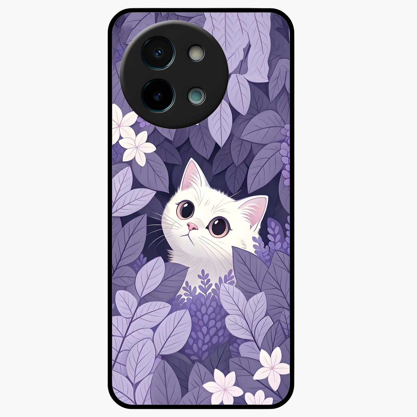 Lilac Hide Peek Cat Glass Case showing flat back view with cute peeking cat artwork and glossy glass finish.