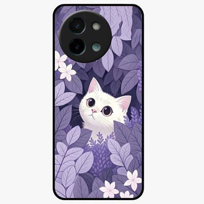 Lilac Hide Peek Cat Glass Case showing flat back view with cute peeking cat artwork and glossy glass finish.