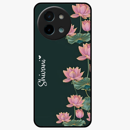 Lotus Bloom Serenity Custom Name Glass Case showing flat back view with elegant lotus flower artwork and personalized name design.