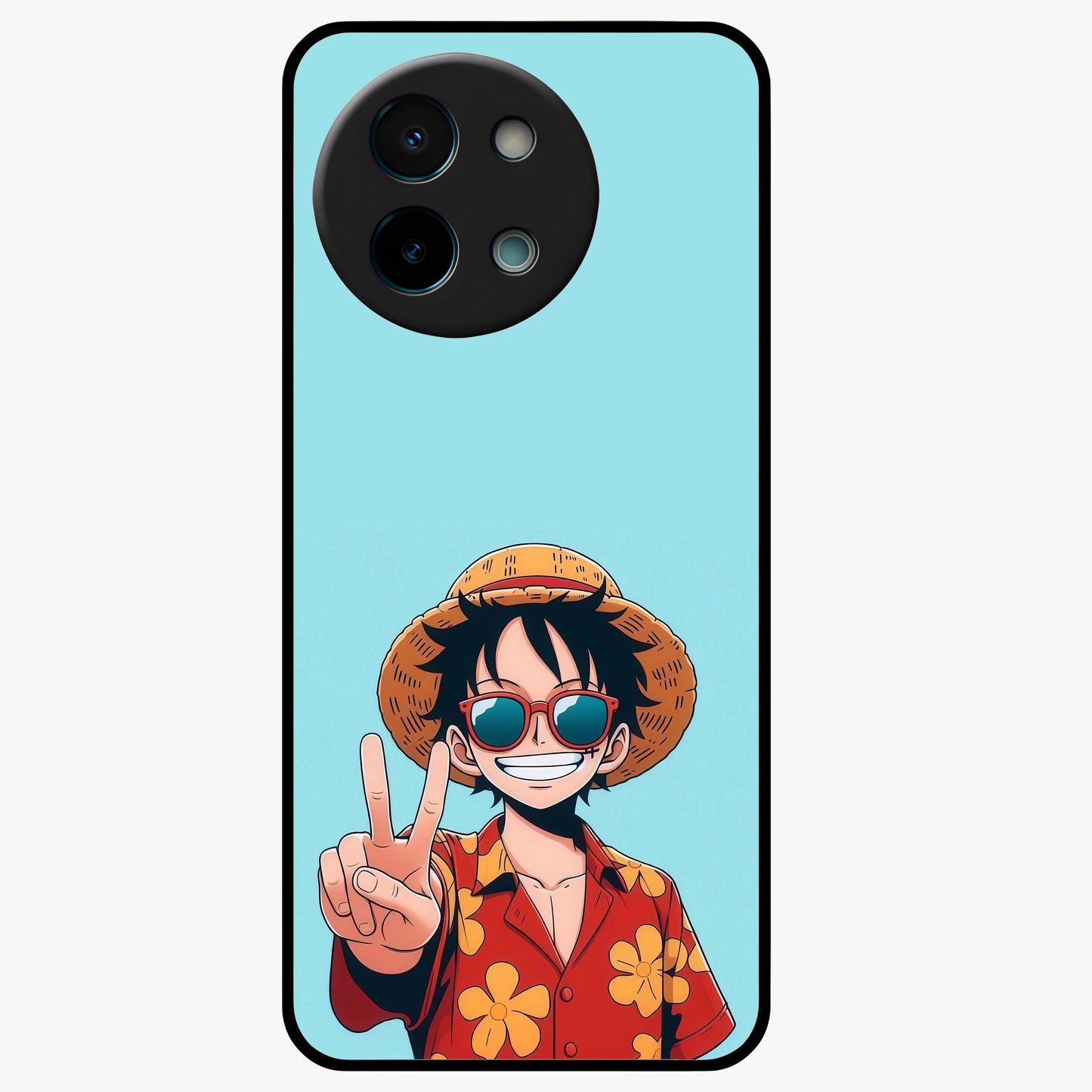 Luffy Summer Anime Vibe Glass Case showing flat back view with vibrant anime character artwork and glossy glass finish.