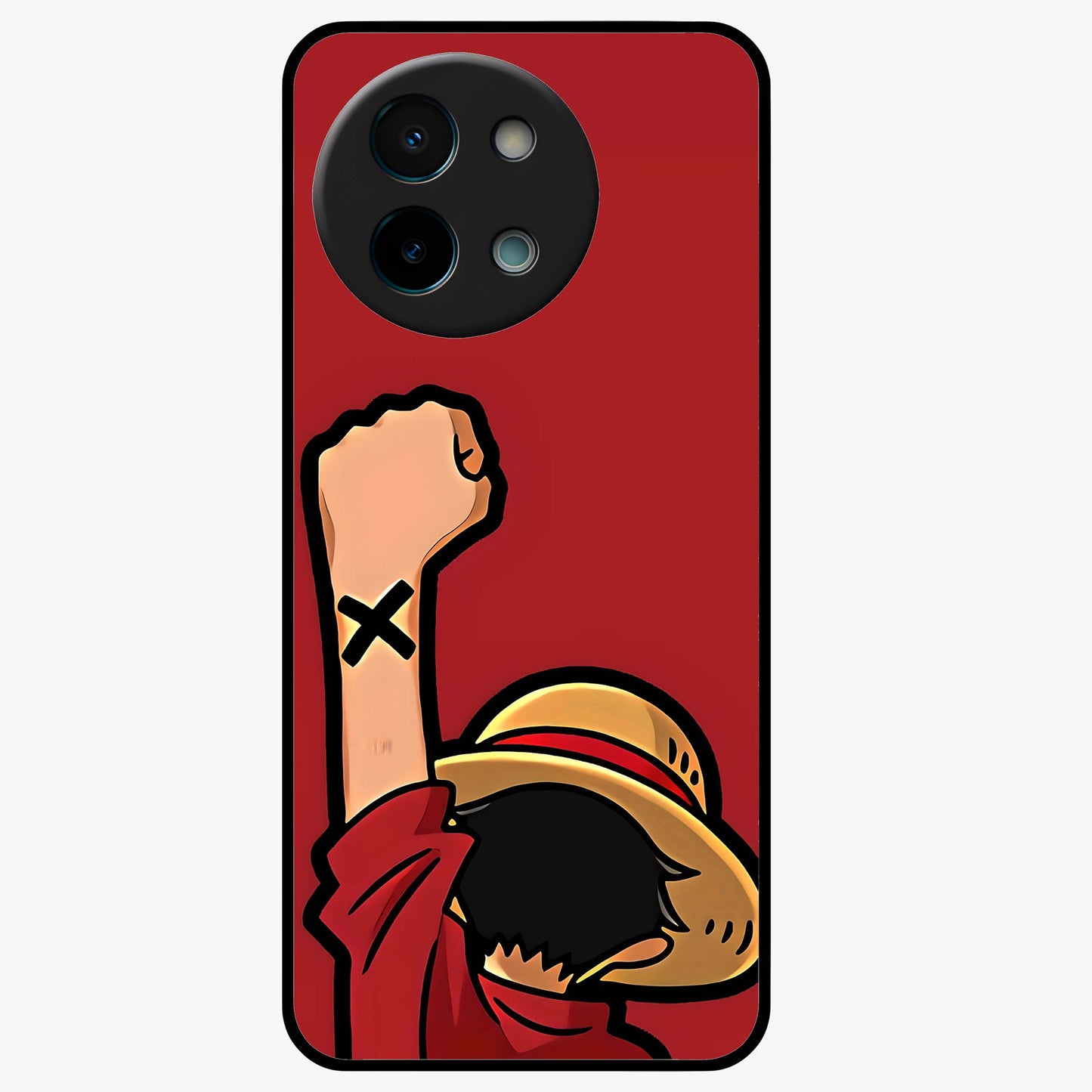 Luffy X Spirit Glass Case showing flat back view with bold anime character artwork and glossy glass finish.