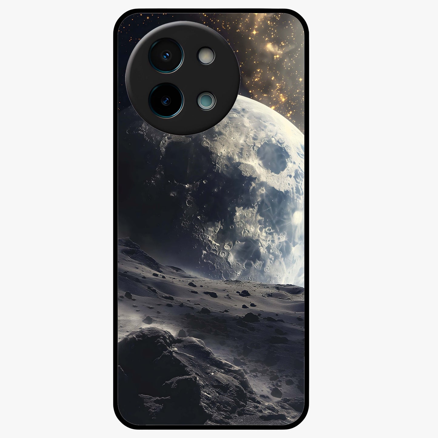 Lunar Horizon Glow Glass Case showing flat back view with glowing moon horizon artwork and glossy glass finish.