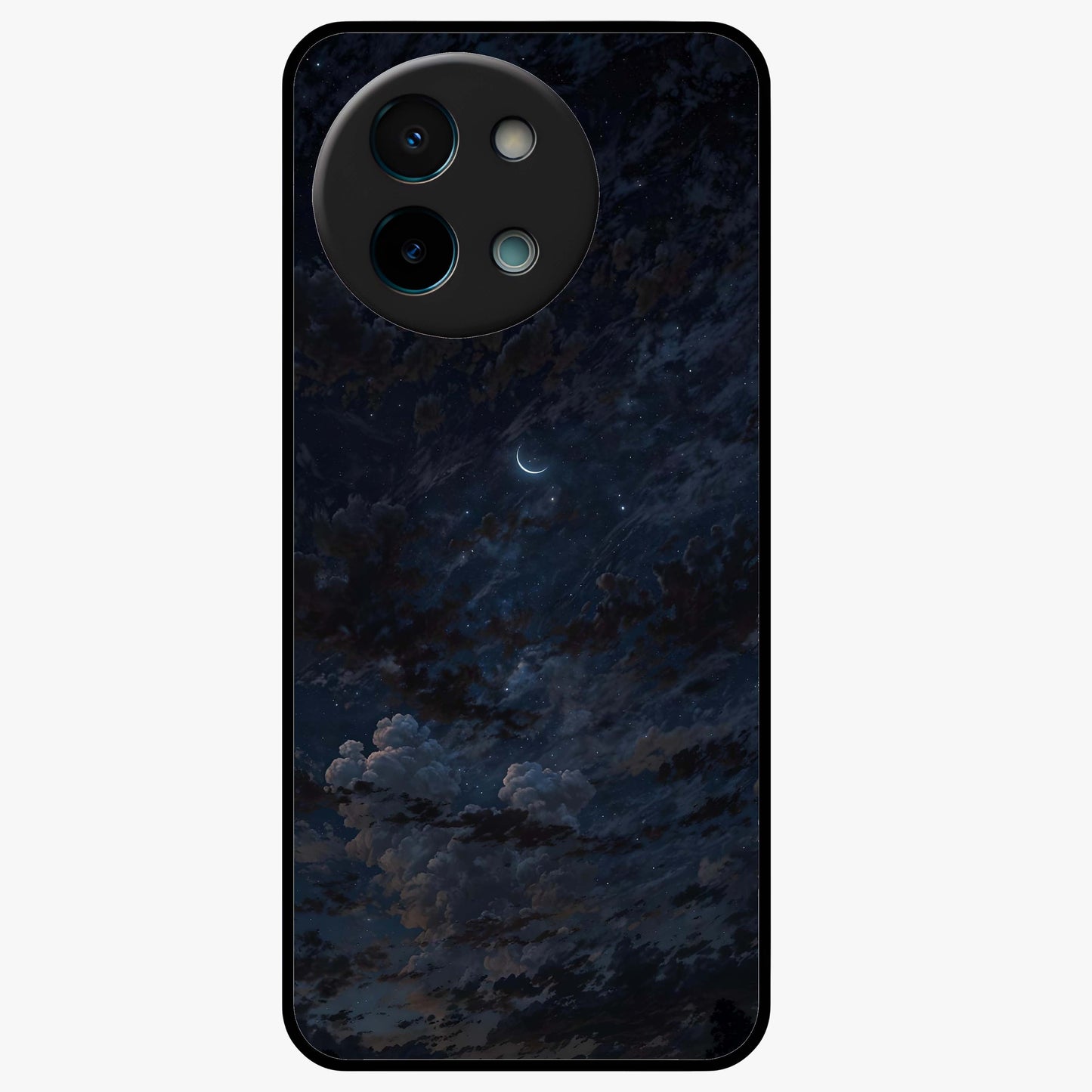 Lunar Veil Silence Glass Case showing flat back view with mystical moon veil artwork and glossy glass finish.