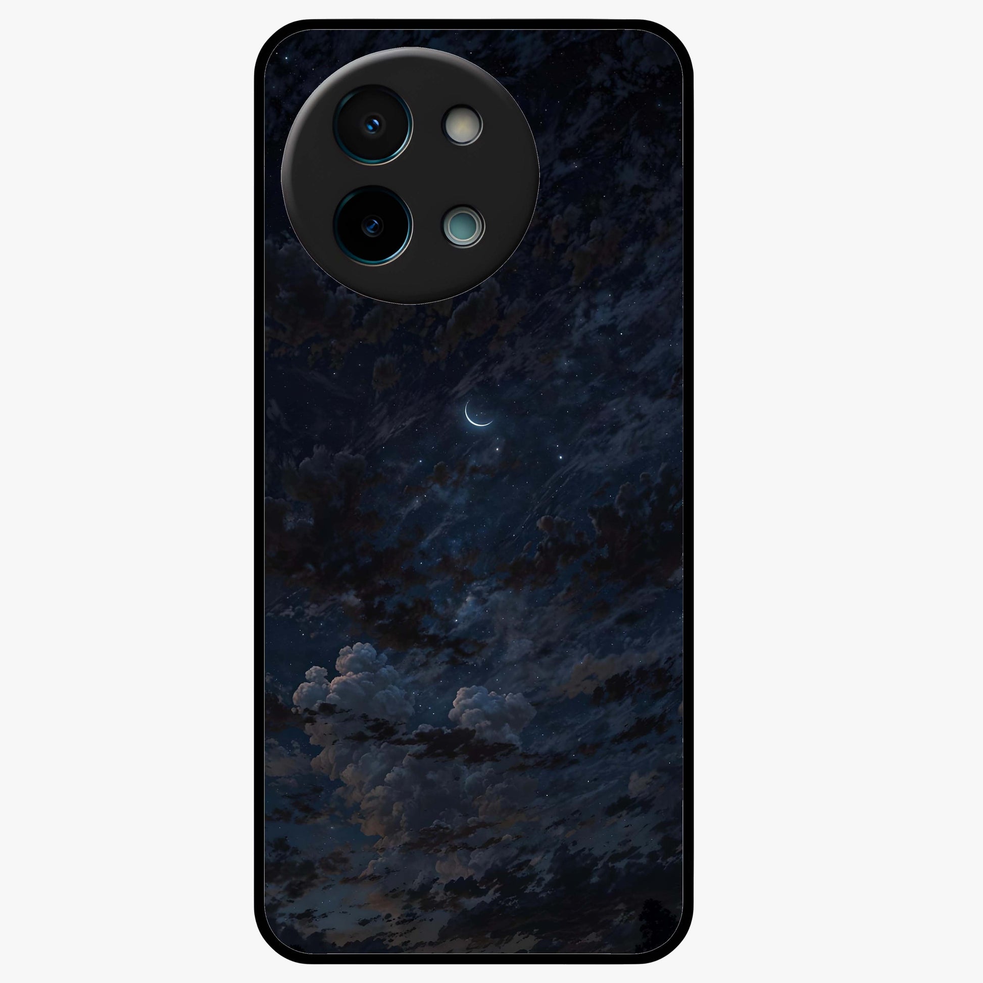 Lunar Veil Silence Glass Case showing flat back view with mystical moon veil artwork and glossy glass finish.