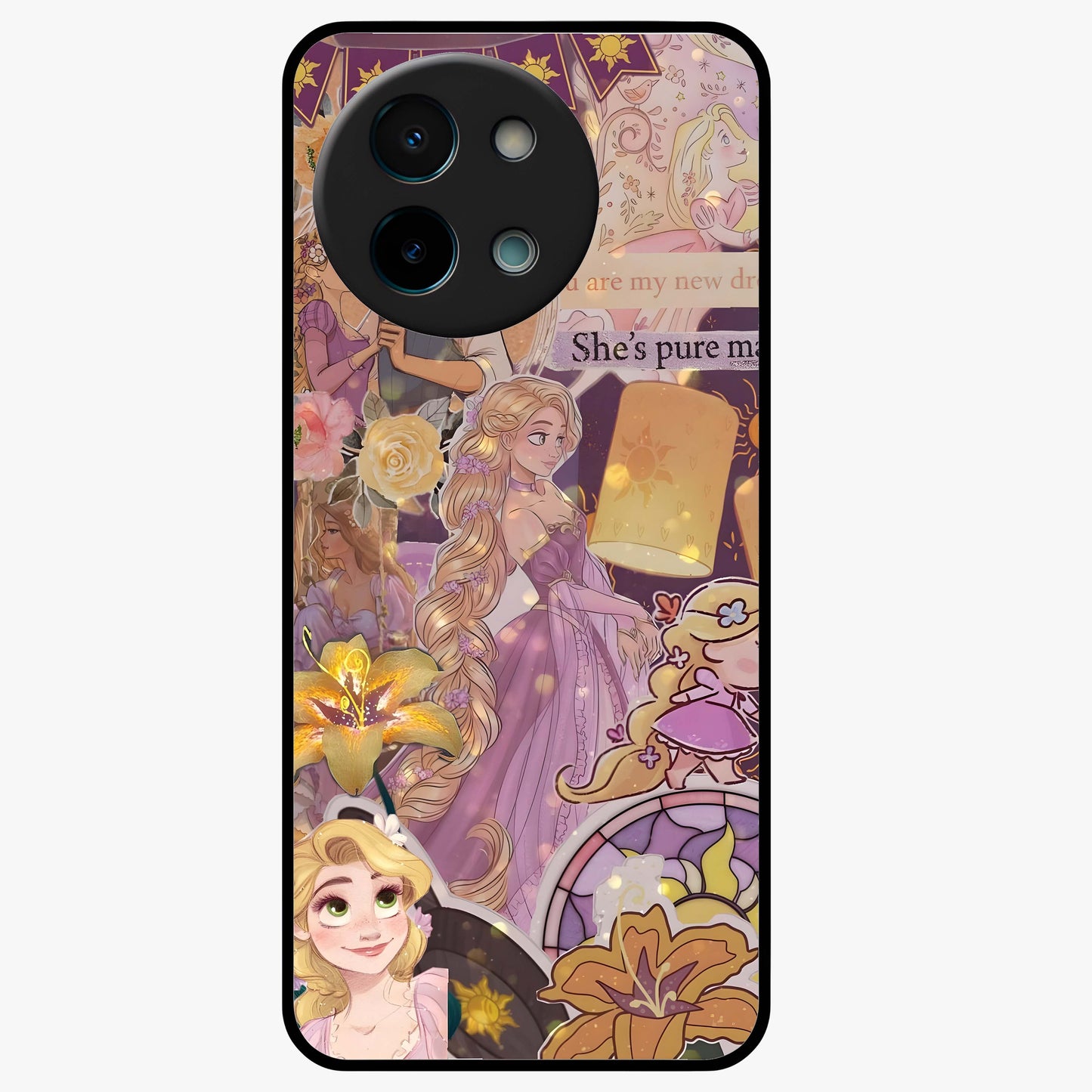 Magical Tangled Dream Glass Case showing flat back view with dreamy tangled artwork and glossy glass finish.
