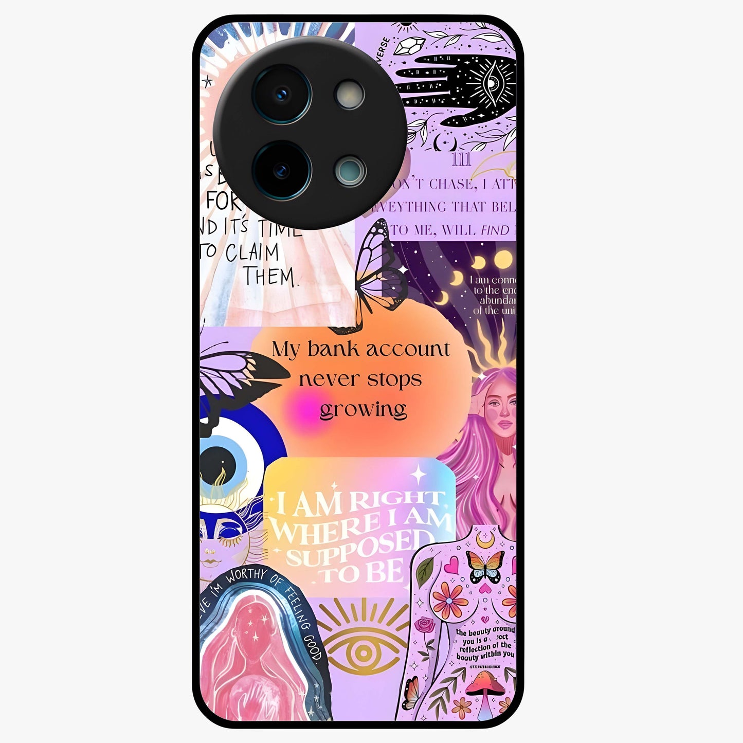 Manifestation Collage Glass Case showing flat back view with motivational collage artwork and glossy glass finish.