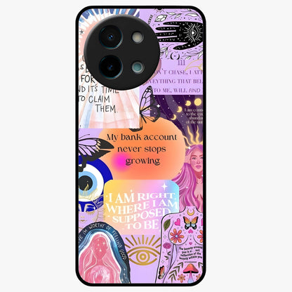 Manifestation Collage Glass Case showing flat back view with motivational collage artwork and glossy glass finish.