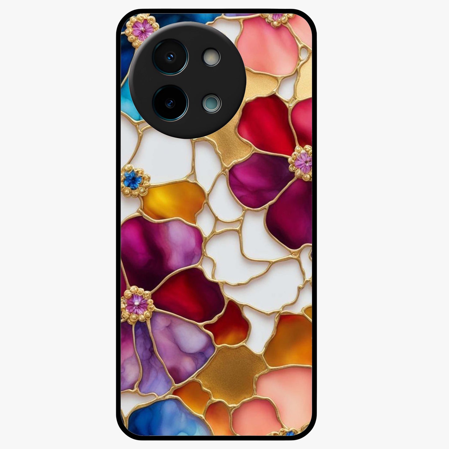 Marble Flower Pattern Glass Case showing flat back view with marble texture floral artwork and glossy glass finish.